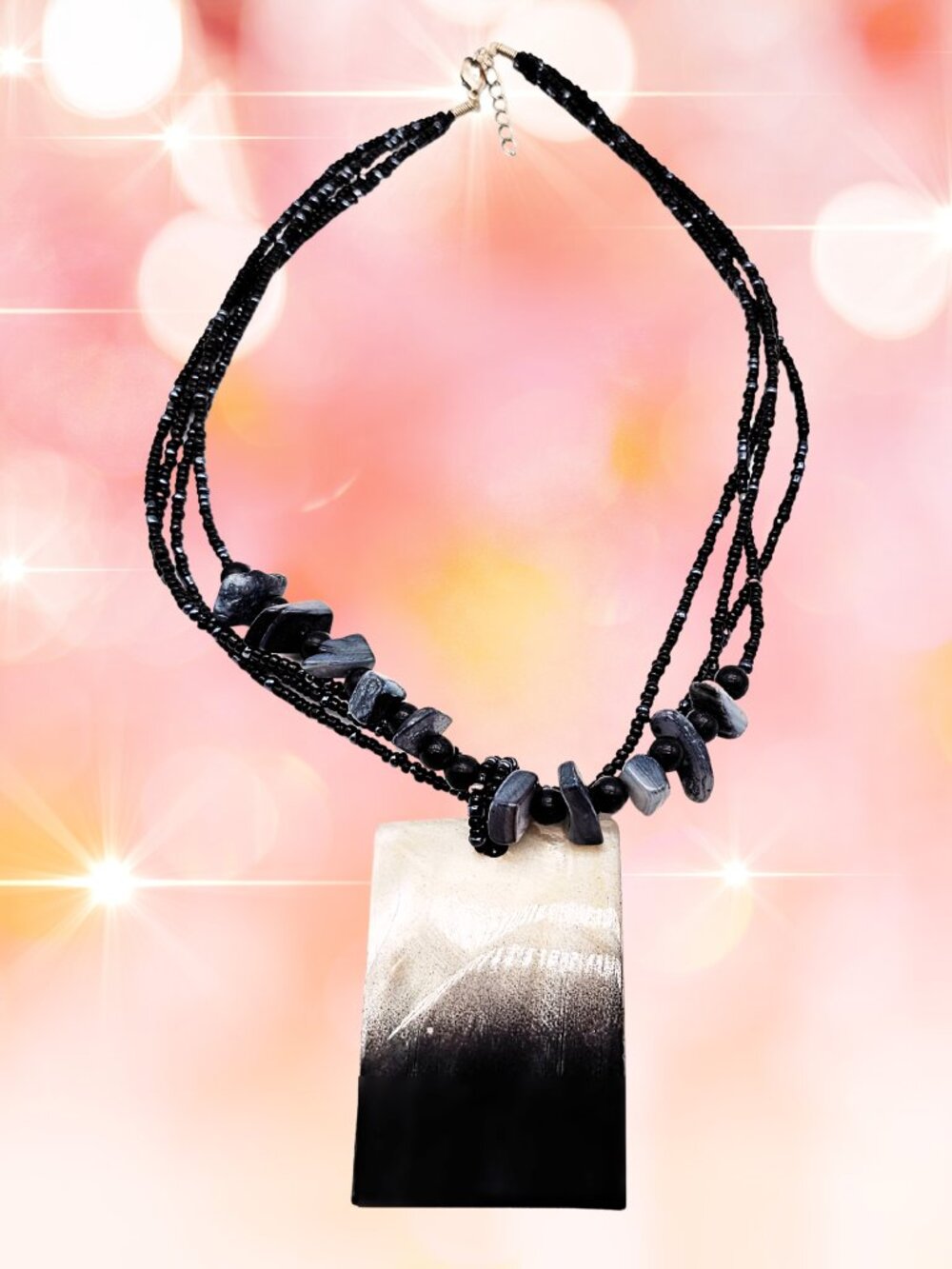 Artisan Natural Shell Pendant Multi Strand Black Beaded Statement Necklace Boho